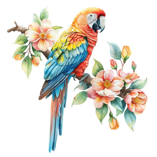 Watercolor Birds on a Branch Fabric Fabric Panel 34 featuring a vibrant macaw perched on a blooming floral branch.