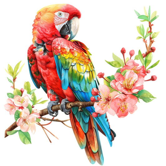 Watercolor Birds on a Branch Fabric Fabric Panel 35 featuring a vibrant parrot perched on a flowering branch printed on premium quilting cotton.