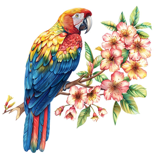 Watercolor Birds on a Branch Fabric Fabric Panel 36 featuring a vibrant parrot perched on a blooming branch with detailed flowers.
