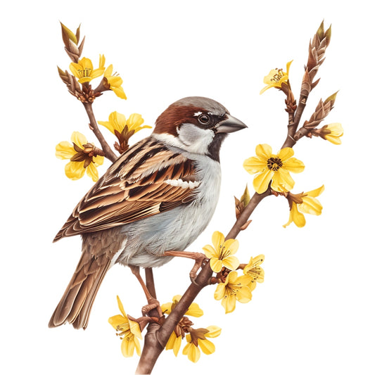 Watercolor Birds on a Branch Fabric Fabric Panel 37 featuring a detailed sparrow perched on a blooming yellow flower branch.