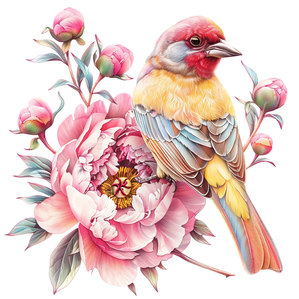 Watercolor Birds on a Branch Fabric Fabric Panel 4 featuring a detailed colorful bird perched on a pink peony flower design.