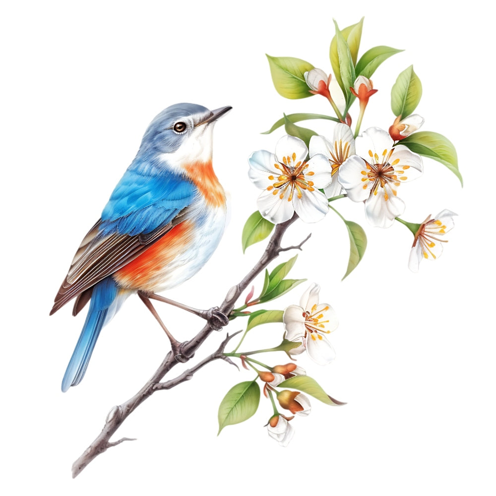 Watercolor Birds on a Branch Fabric Fabric Panel 6 with detailed blue and orange bird perched on a flowering branch printed on premium cotton.