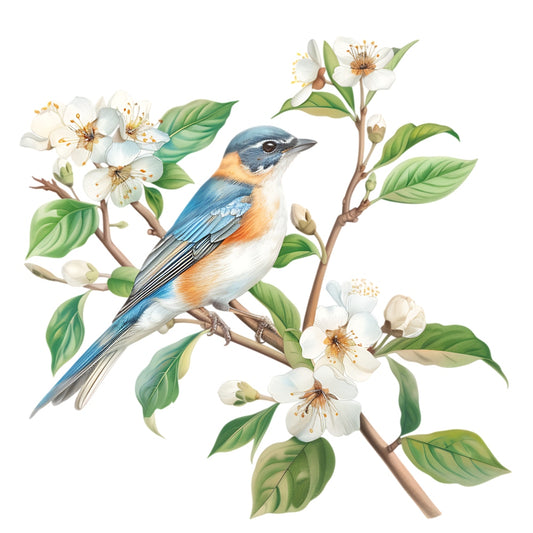Watercolor Birds on a Branch Fabric Fabric Panel 7 showing a detailed blue and orange bird perched on a flowering branch with green leaves.