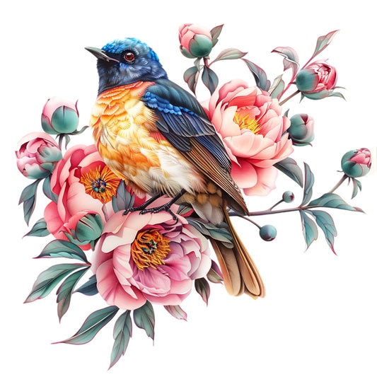 Watercolor Birds on a Branch Fabric Fabric Panel 8 features a detailed bird perched on a branch with vibrant pink flowers.