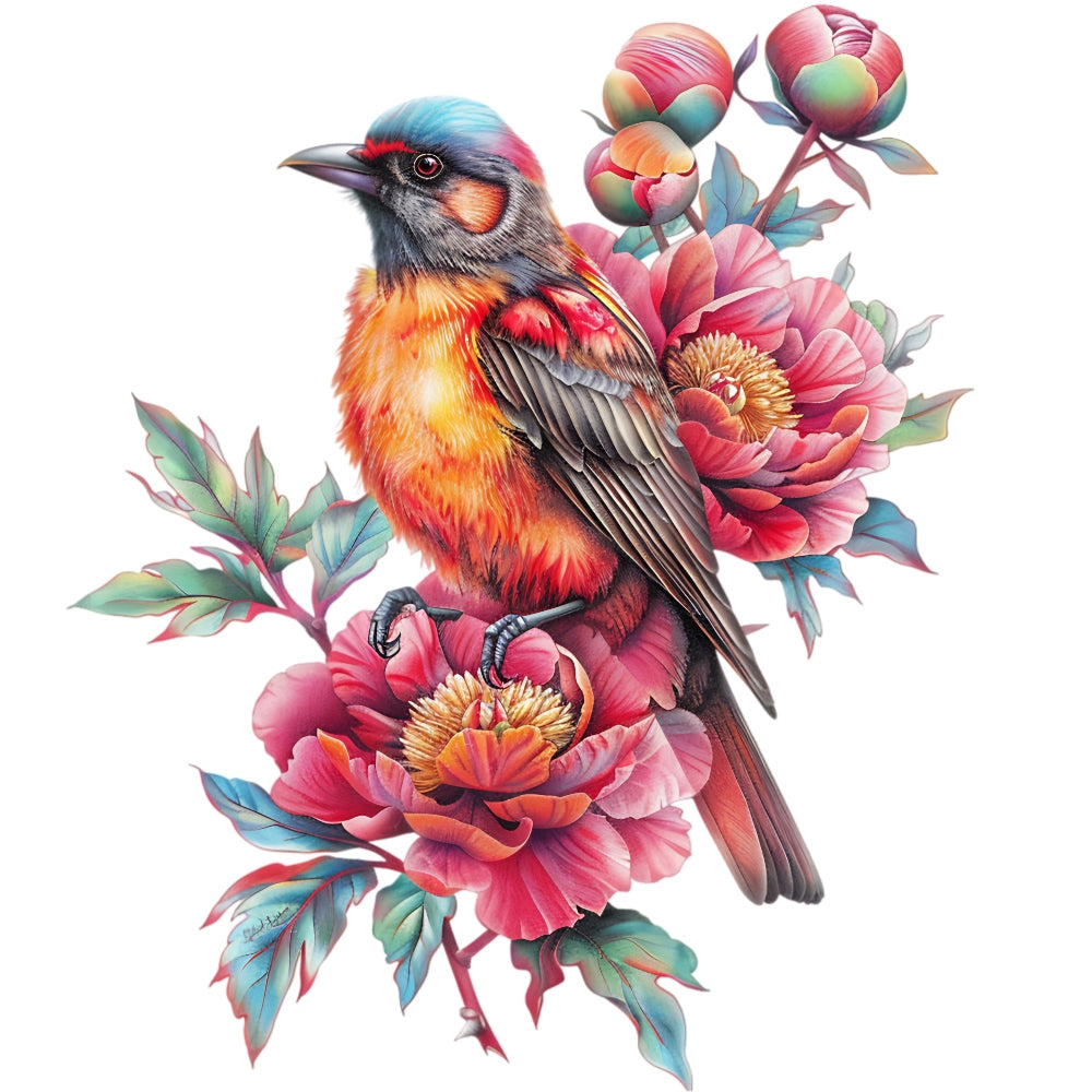 Watercolor Birds on a Branch Fabric Fabric Panel 9 featuring a vibrant bird perched on detailed pink and red flowers with green leaves.