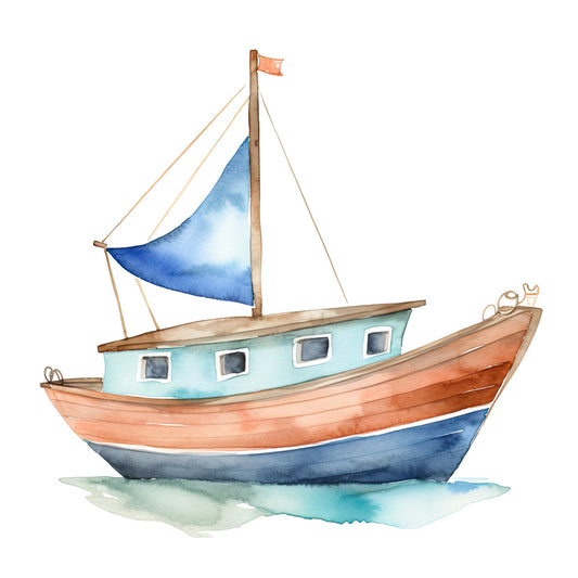 Watercolor Boat Fabric Panel showing a hand-painted sailboat in soft blues and browns on premium quilting cotton.