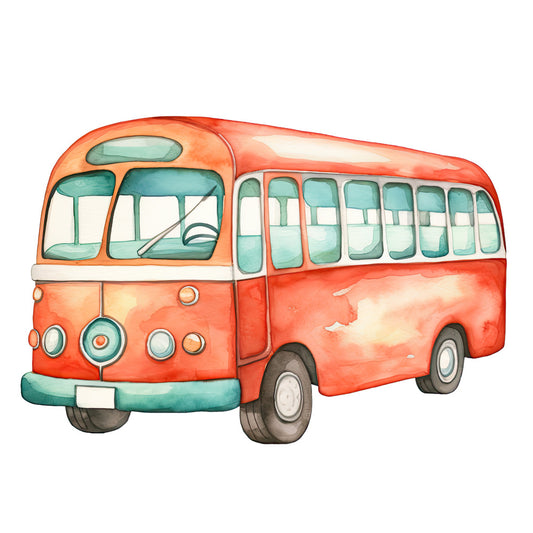 Watercolor Bus Fabric Panel featuring a detailed orange vintage bus design on premium quilting cotton fabric.