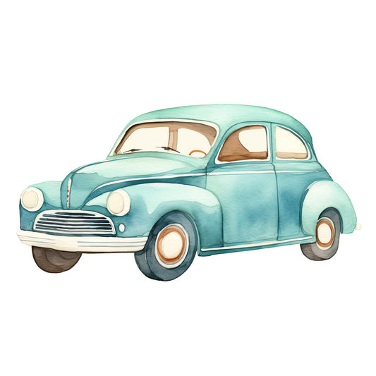 Watercolor Car Fabric Panel showcasing a vintage blue car design on premium 100% quilting cotton fabric printed in the USA.