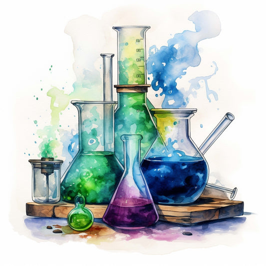 Watercolor Chemical Flask Fabric Panel 1 featuring colorful glass flasks and beakers in vibrant blue, green, and purple hues.