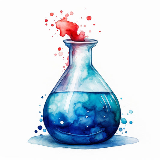 Watercolor Chemical Flask Fabric Panel 10 featuring a vibrant blue and red chemical flask in watercolor style on premium cotton.