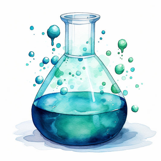 Watercolor Chemical Flask Fabric Panel 2 showing a detailed blue and green liquid filled scientific flask with splashing droplets.
