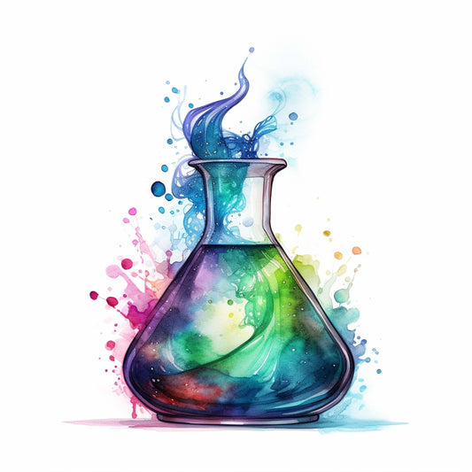 Watercolor Chemical Flask Fabric Panel 3 showing colorful swirling liquid in a glass flask with vibrant paint splashes.