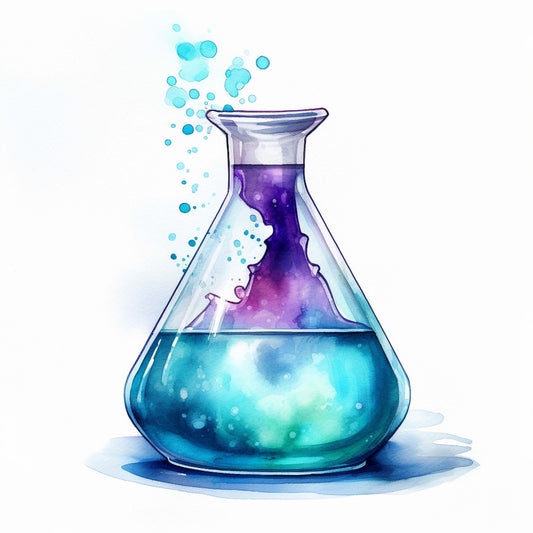 Watercolor Chemical Flask Fabric Panel 4 featuring a vibrant blue and purple liquid in a glass flask design printed on premium quilting cotton.