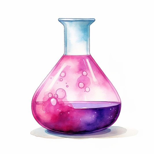 Watercolor Chemical Flask Fabric Panel 5 featuring a vibrant pink and purple liquid in a clear glass flask illustration.