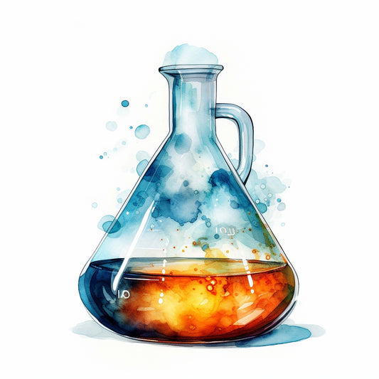 Watercolor Chemical Flask Fabric Panel 6 featuring a vibrant blue and orange liquid in a glass flask on premium quilting cotton fabric.
