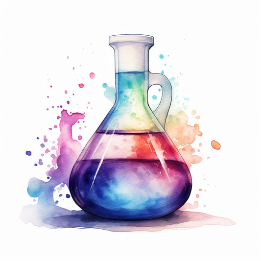 Watercolor Chemical Flask Fabric Panel 7 with vibrant multicolor liquid and splashes on premium cotton quilting fabric.