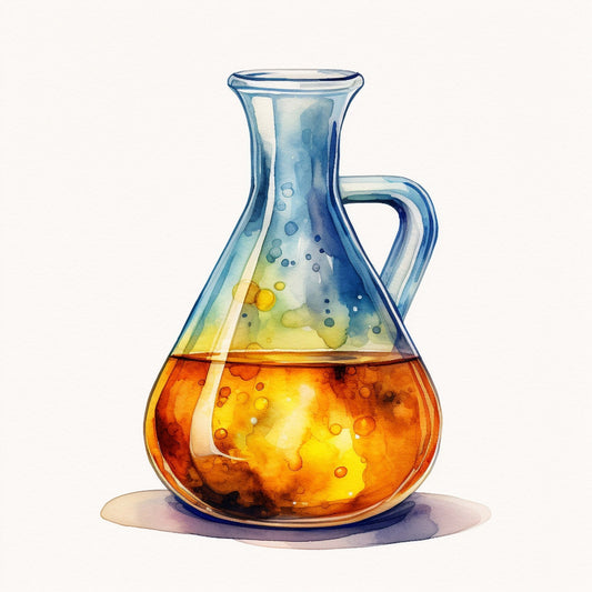 Watercolor Chemical Flask Fabric Panel 8 featuring a vibrant hand-painted glass flask with blue and amber liquid on premium cotton fabric.