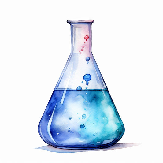 Watercolor Chemical Flask Fabric Panel 9 with detailed blue and purple liquid in a glass flask, printed on premium cotton fabric.