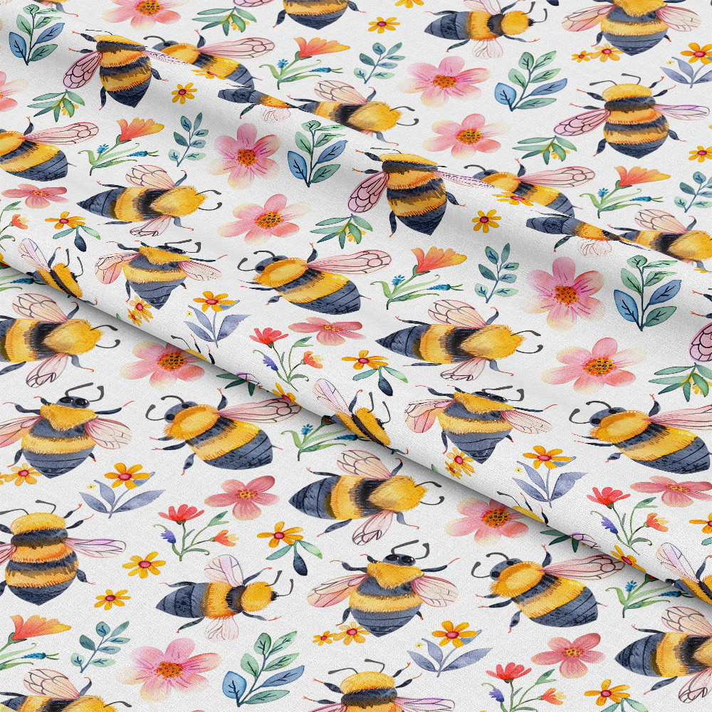 Watercolor Cute Bees and Flowers Pattern 10 Quilting Cotton Fabric