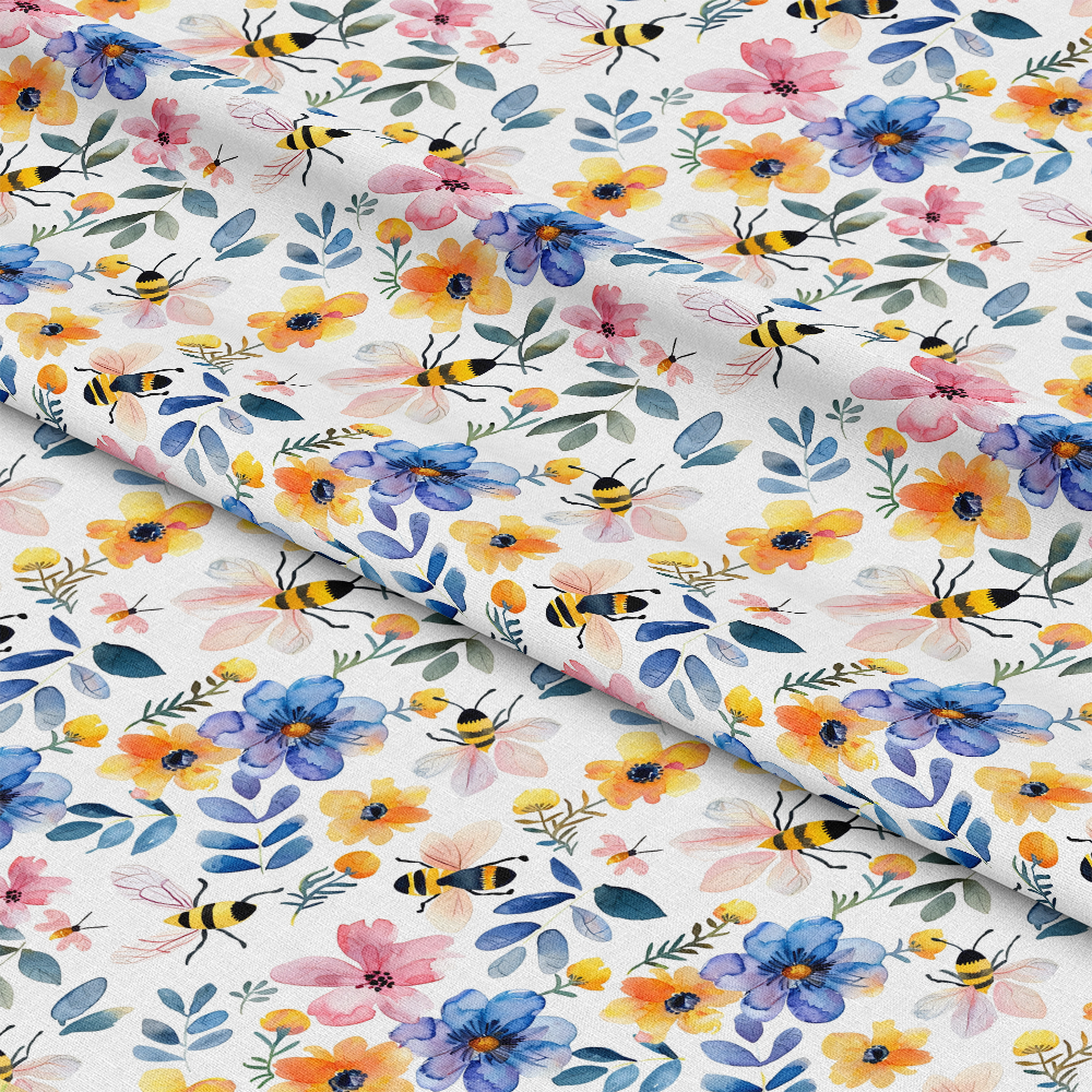 Watercolor Cute Bees and Flowers Pattern 11 Quilting Cotton Fabric