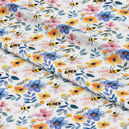Watercolor Cute Bees and Flowers Pattern 11 Quilting Cotton Fabric