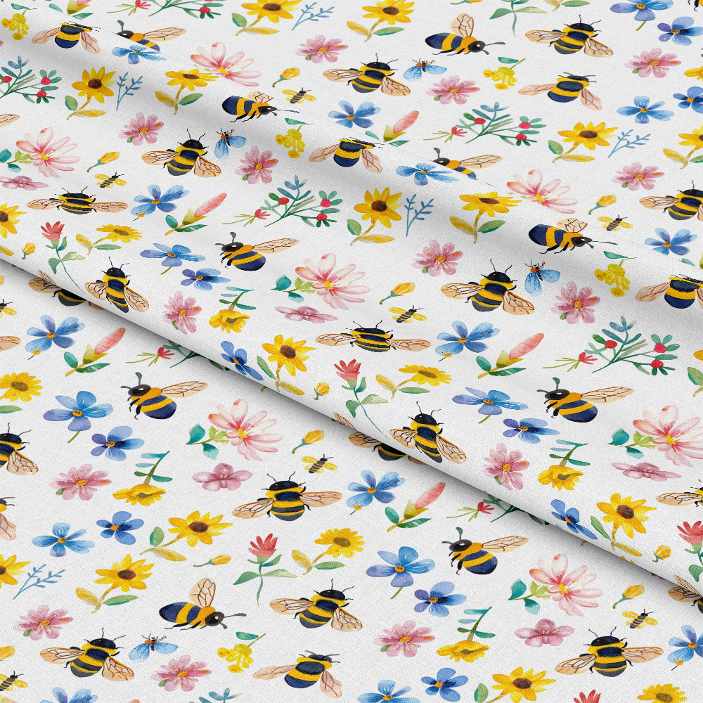 Watercolor Cute Bees and Flowers Pattern 12 Quilting Cotton Fabric