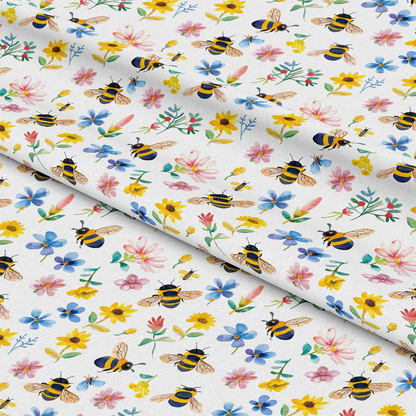 Watercolor Cute Bees and Flowers Pattern 12 Quilting Cotton Fabric