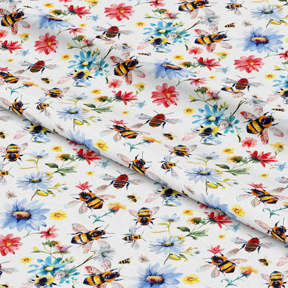 Watercolor Cute Bees and Flowers Pattern 13 Quilting Cotton Fabric
