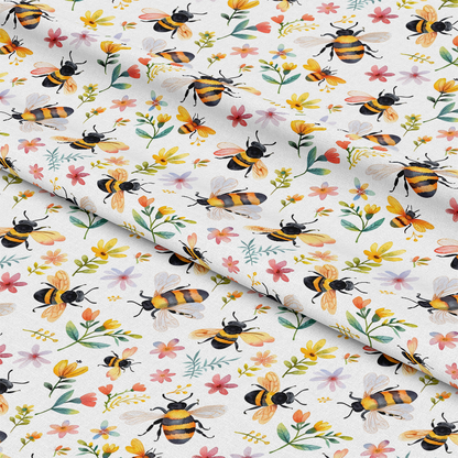 Watercolor Cute Bees and Flowers Pattern 2 Quilting Cotton Fabric
