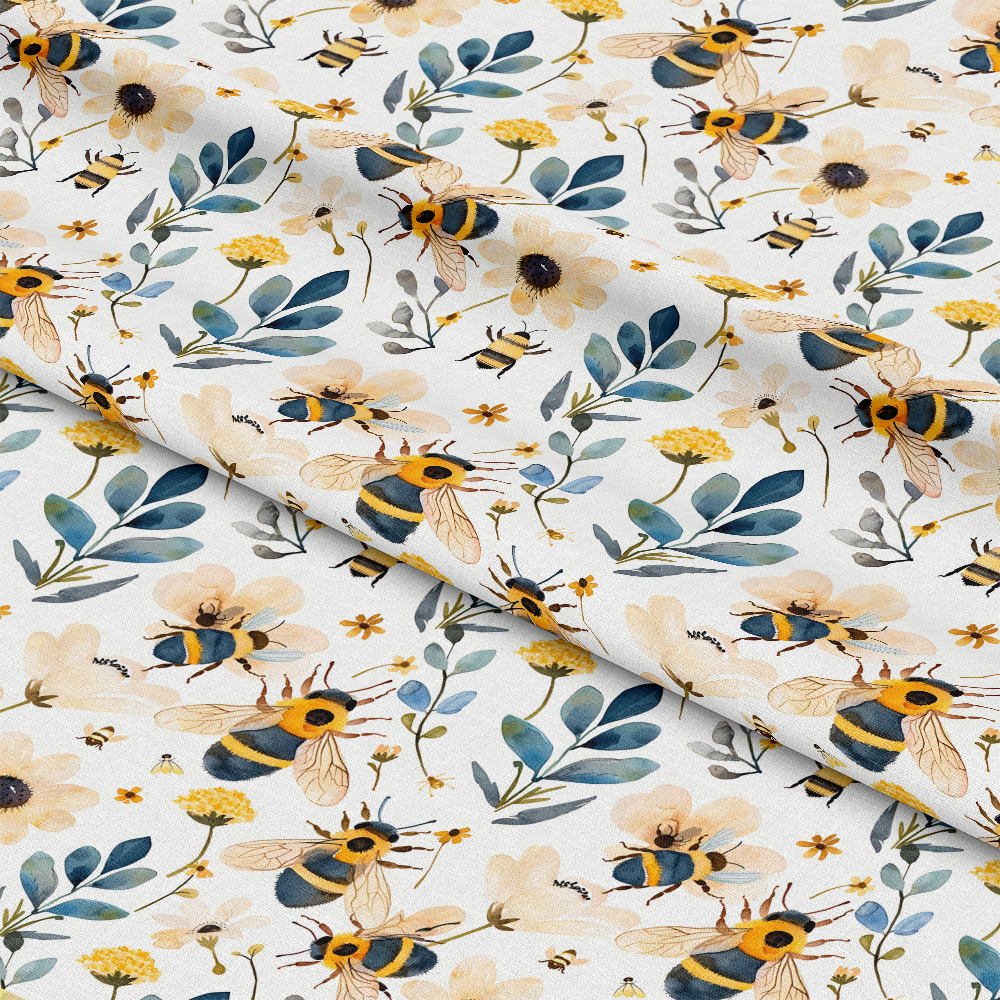 Watercolor Cute Bees and Flowers Pattern 3 Quilting Cotton Fabric