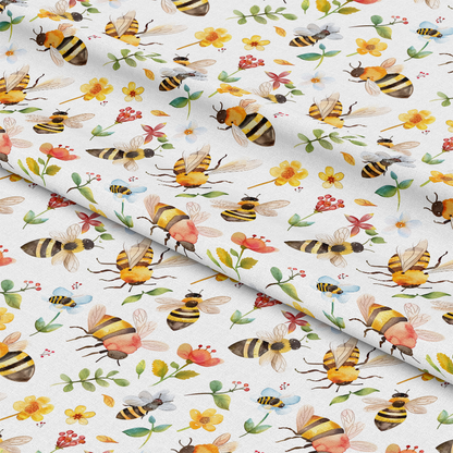 Watercolor Cute Bees and Flowers Pattern 4 Quilting Cotton Fabric