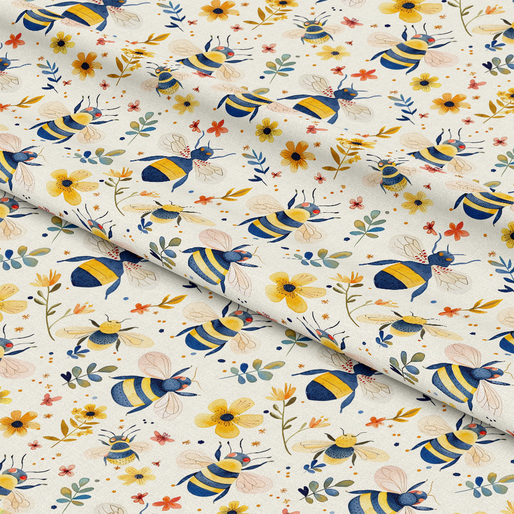 Watercolor Cute Bees and Flowers Pattern 5 Quilting Cotton Fabric