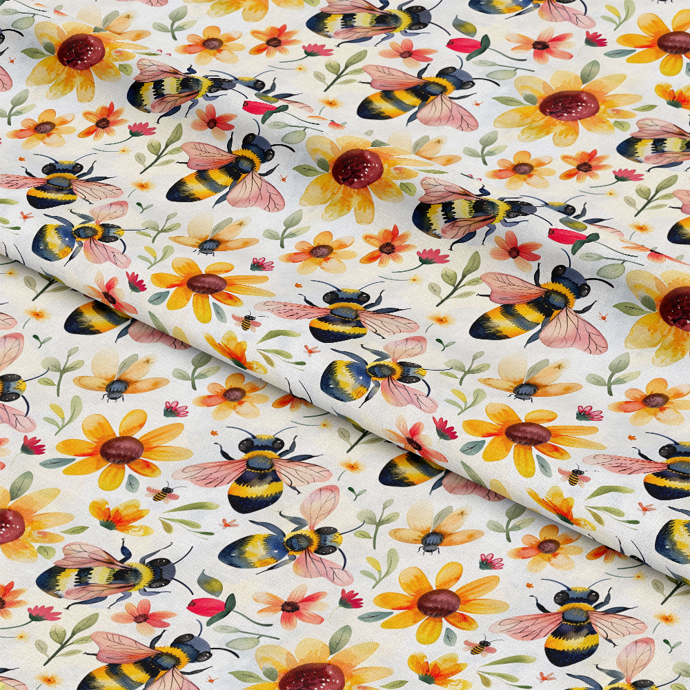 Watercolor Cute Bees and Flowers Pattern 6 Quilting Cotton Fabric