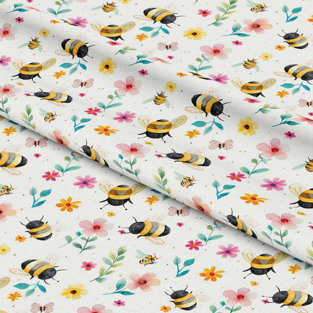Watercolor Cute Bees and Flowers Pattern 7 Quilting Cotton Fabric