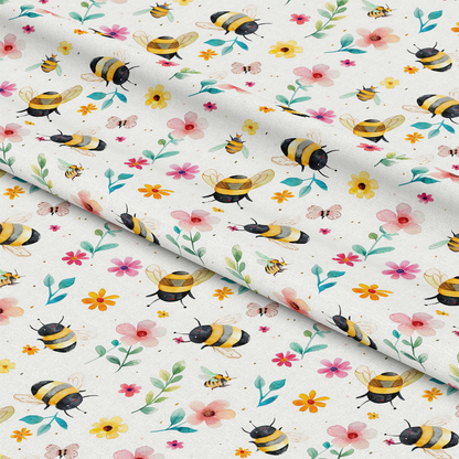 Watercolor Cute Bees and Flowers Pattern 7 Quilting Cotton Fabric