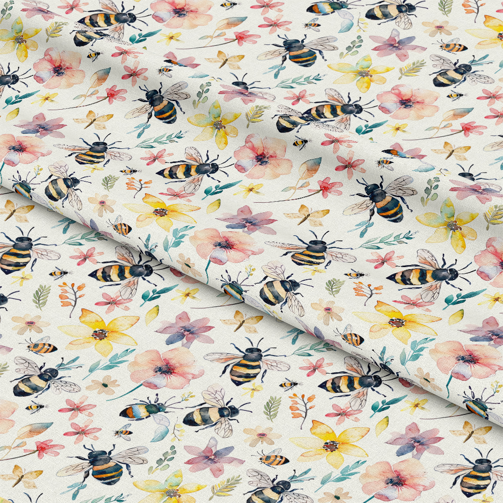 Watercolor Cute Bees and Flowers Pattern 8 Quilting Cotton Fabric