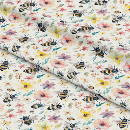 Watercolor Cute Bees and Flowers Pattern 8 Quilting Cotton Fabric