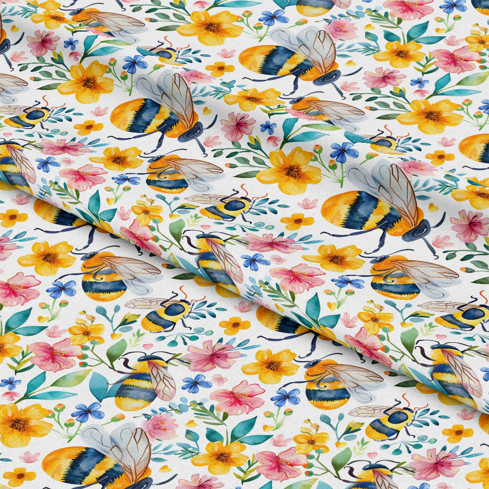 Watercolor Cute Bees and Flowers Pattern 9 Quilting Cotton Fabric