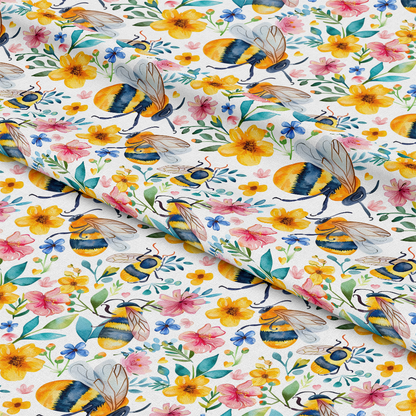 Watercolor Cute Bees and Flowers Pattern 9 Quilting Cotton Fabric