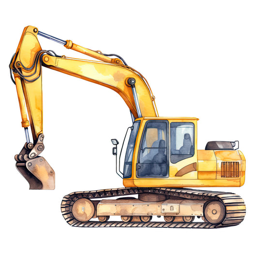 Watercolor Excavator Fabric Panel featuring a detailed yellow excavator illustration on premium quilting cotton fabric.