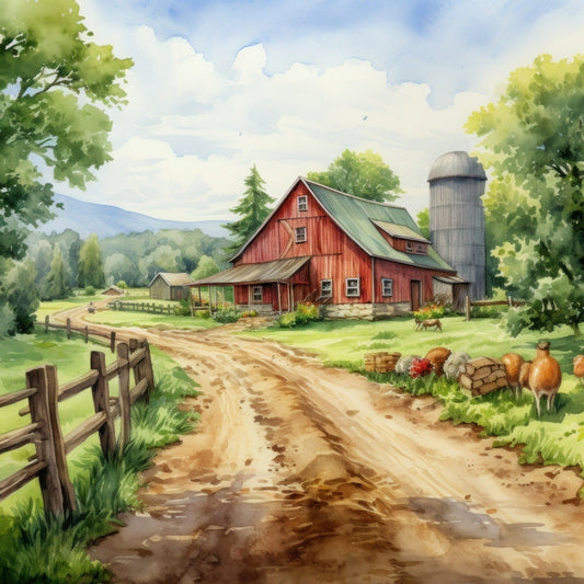 Watercolor Farm Life Fabric Panel 1 showing a vibrant red barn, silo, dirt road, trees, and grazing sheep in a pastoral landscape.