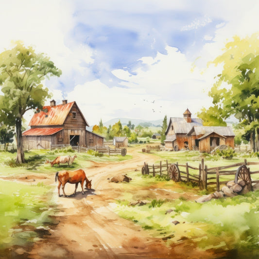 Watercolor Farm Life Fabric Panel 11 featuring a serene rural scene with barns, grazing cows, trees, and blue skies.