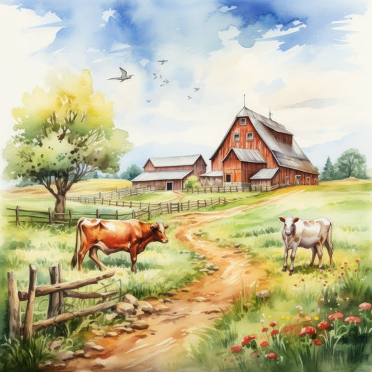 Watercolor Farm Life Fabric Panel 13 featuring a rustic barn, cows, trees, and flowers in a peaceful countryside scene.