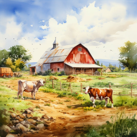 Watercolor Farm Life Fabric Panel 14 featuring a rustic red barn, grazing cows, and scenic rural farmland in premium quilting cotton.