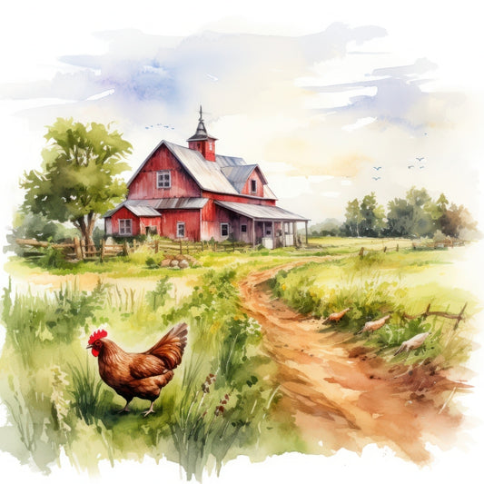 Watercolor Farm Life Fabric Panel 15 featuring a red barn, green fields, chickens, and a rustic country path in soft watercolor style.