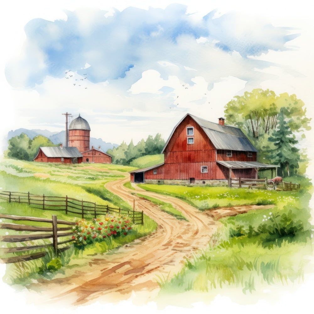 Watercolor Farm Life Fabric Panel 17 featuring a serene rural scene with red barns, winding dirt path, and lush greenery under a blue sky.