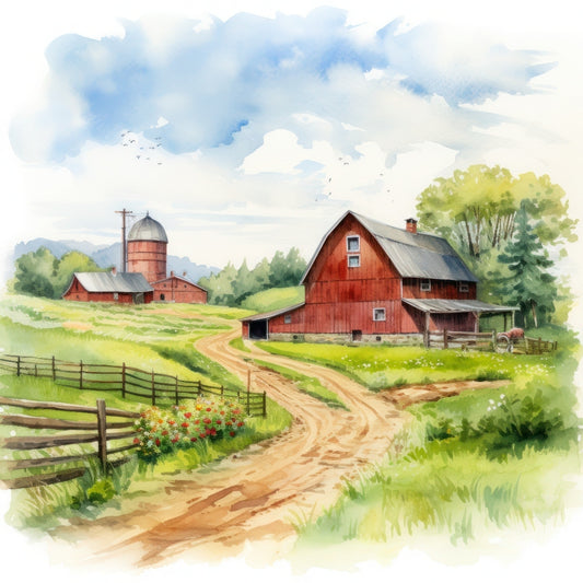 Watercolor Farm Life Fabric Panel 17 featuring a serene rural scene with red barns, winding dirt path, and lush greenery under a blue sky.