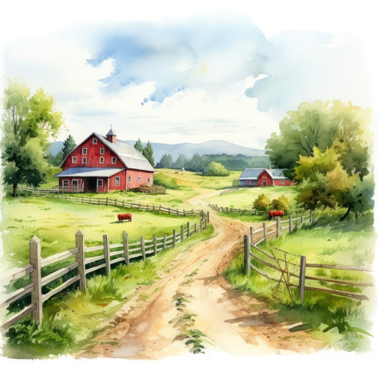 Watercolor Farm Life Fabric Panel 18 shows a peaceful rural scene with red barns, winding dirt road, and green fields in soft watercolor hues.