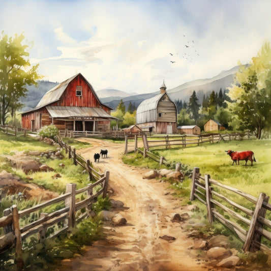 Watercolor Farm Life Fabric Panel 2 showing a rustic red barn, cows, wooden fences, and countryside landscape in soft watercolor tones.