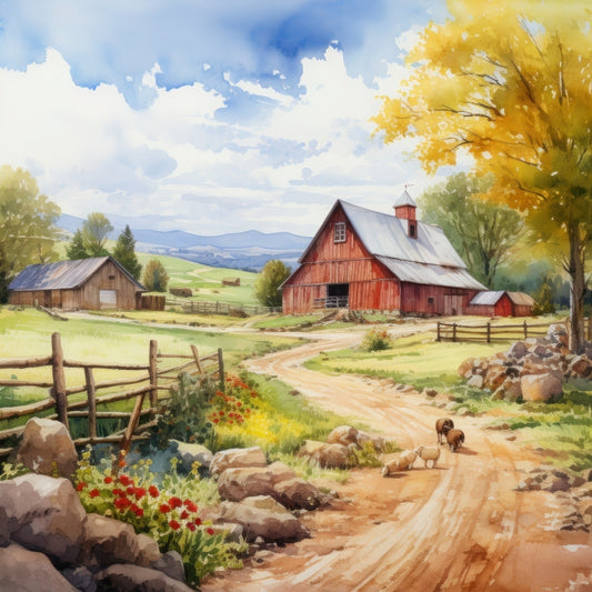 Watercolor Farm Life Fabric Panel 5 featuring a rustic red barn, winding dirt path, autumn trees, and farm animals in a pastoral landscape.